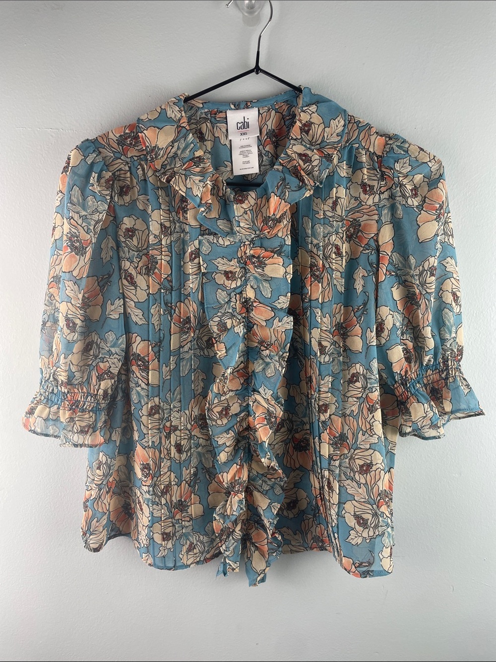 CAbi #6507 Teal Peach Cream Floral Ruffle Sheer Blouse Size XXS